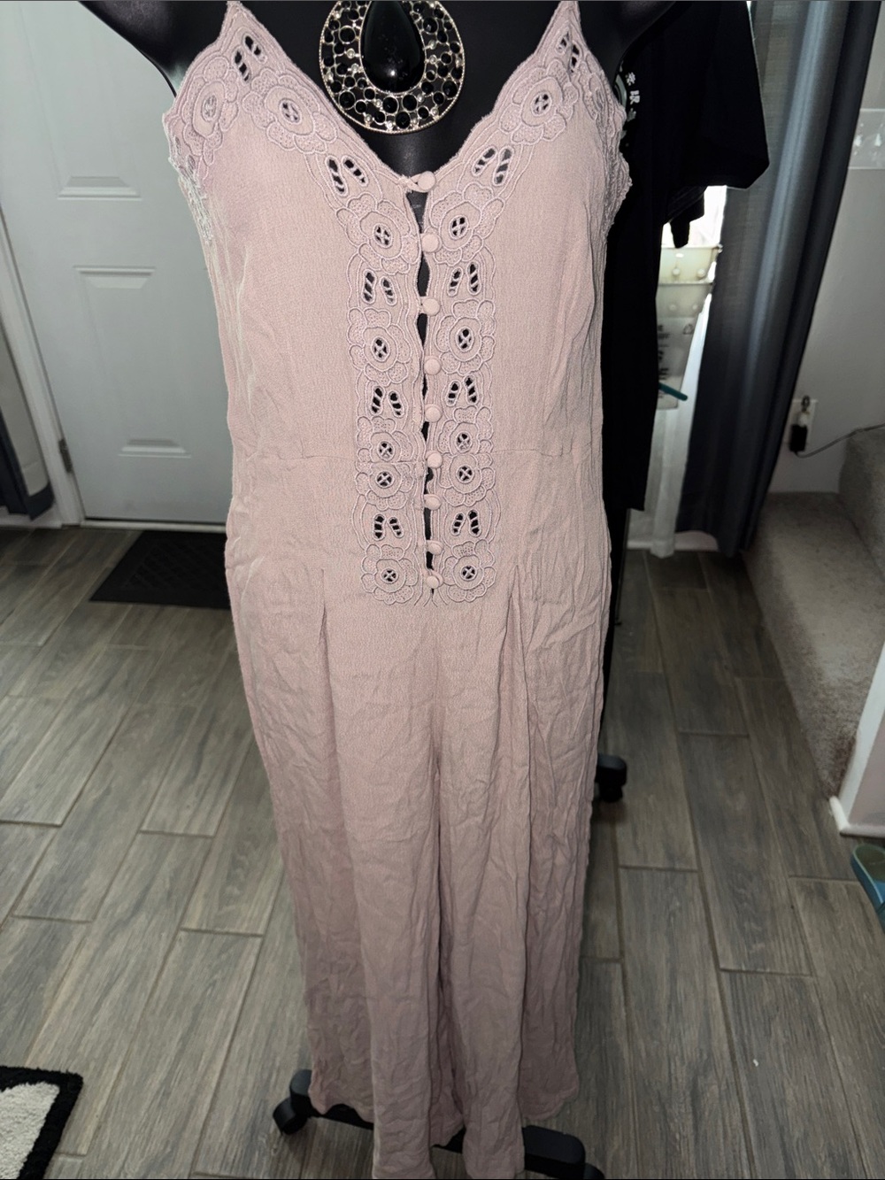 Jane + One tan Crochet-Front jumpsuit  w pockets Small